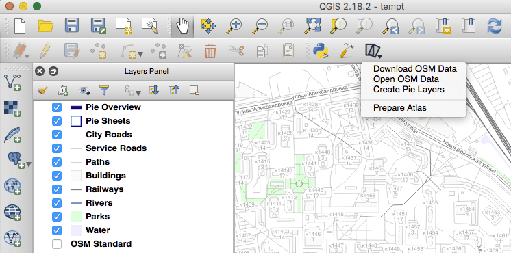 QGIS with a Walking Papers popup menu opened