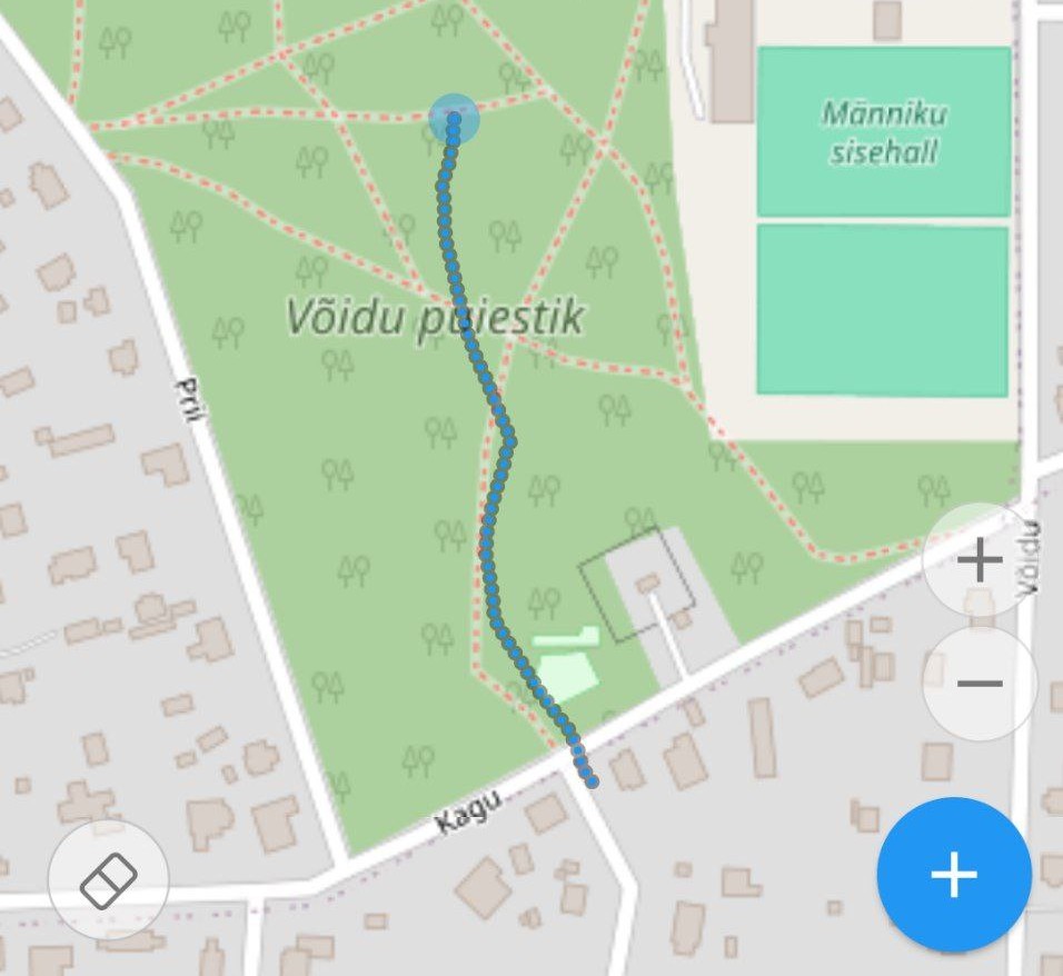 Every Door map with a dotted blue track line on top of OSM map
