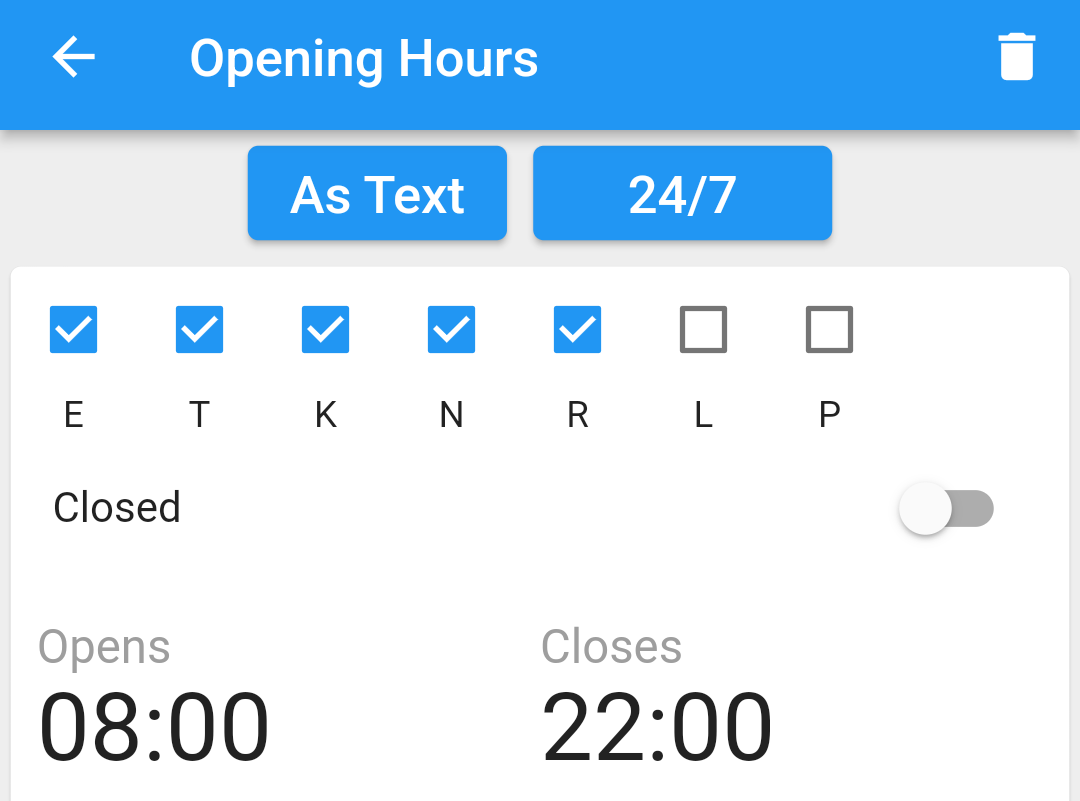 Opening hours editor with all messages in English, but weekdays in Estonian